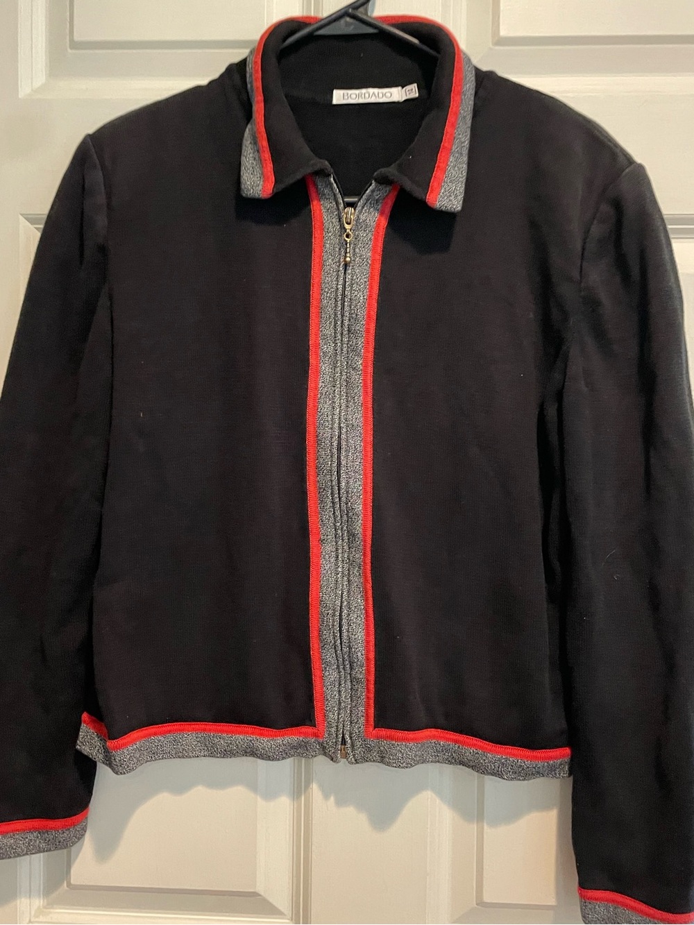 Vintage BORDADO Black Pima Cotton Zip-Front Cardigan/Jacket with Red & Gray Trim